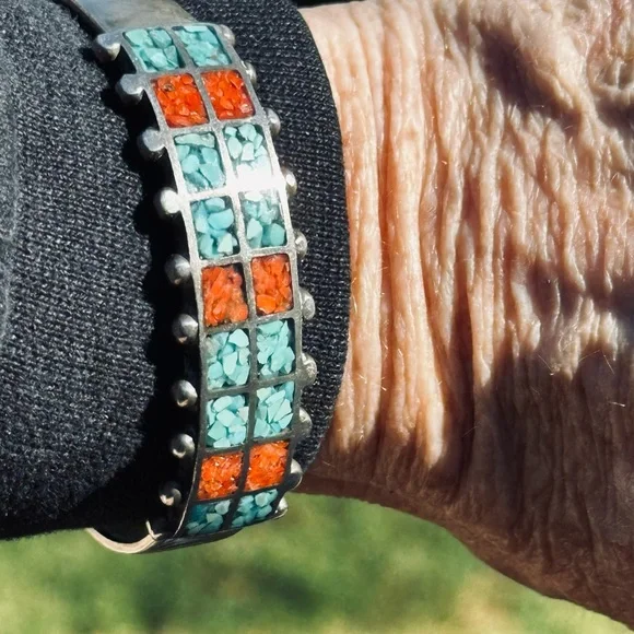 Navajo Zuni Handmade Turquoise Coral Stones Mosaic Bracelet. Vintage - Picture 2 of 9